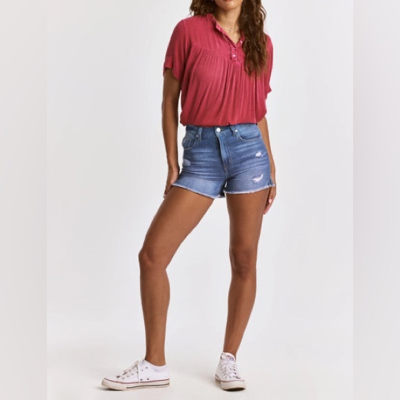 Blue Jean Shorts with Cuffed Hem and Faded Look - Picture 2 of 6